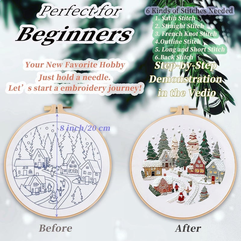 FONNUY Crewel Christmas Embroidery Kit for Beginners, Cross Stitch Set Winter Snow Scene Pine Owl Pattern for Adults, Easy to Follow Color Thread Needlework, 8'' Hoop (Snow Village) - Image 2
